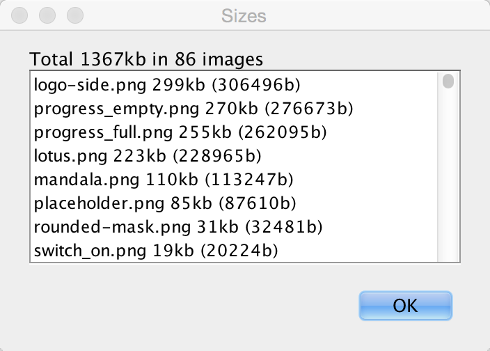 Image sizes window that allows you to find the biggest impact on your RAM/Storage